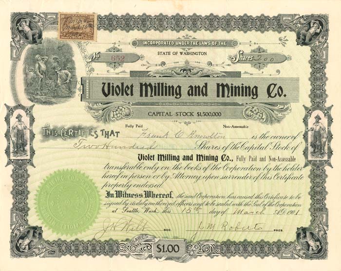 Violet Milling and Mining Co. - Stock Certificate